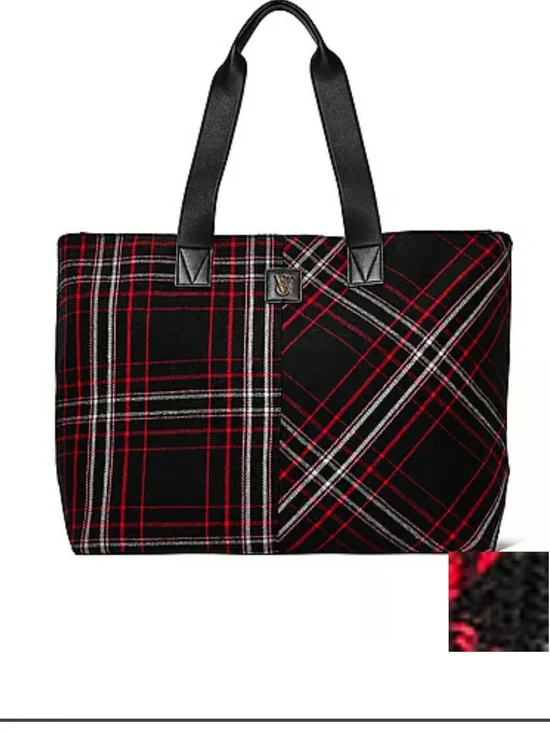 Victoria's SECRET Plaid Tote Bag with Black Handles - Red & Black - Picture 2 of 4